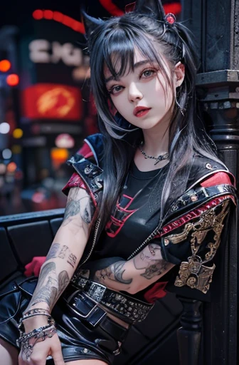 highest quality、8k、masterpiece:1.3、Gothic Punk、The inner color is red、Gray Black Hair、hair ornaments、beautiful girl、creative、Punk Shirt、Neogoth、Goth Fashion:1.2、High resolution、masterpiece、highest quality、頭w:1.3、((Hasselblad Photos))、Fine skin、Sharp focus、(Cinema Lighting)、Explore Tokyo's nightlife behind the neon lights, Forehead open, 17 years old、Petting'Hair back、Shoulder Bare、Red tattoo on the décolletage