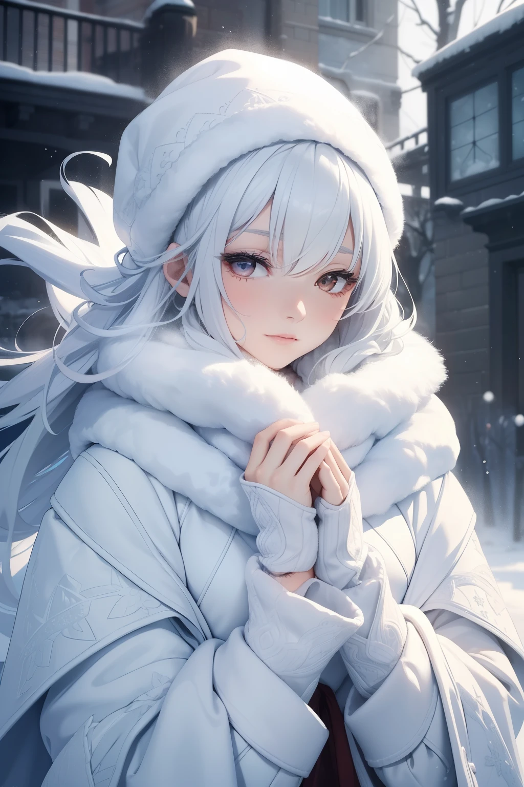 A single effulgent figure graces a snowy expanse under a crystalline sky, wrapped in a luxurious quilted coat of pristine white. Red fluffs of warm knit adorn her head, while she gently breathes upon her frost-kissed hands, their coldness ever-present. With an upper body exposed to the biting wind, wisps of vapor stream from her lips, forming intricate patterns in the frigid air. Her flawless skin glistens under the luminous winter light, showcasing delicate features that captivate the eye. A cozy white quilted coat envelops her form, obscuring the details of her slender