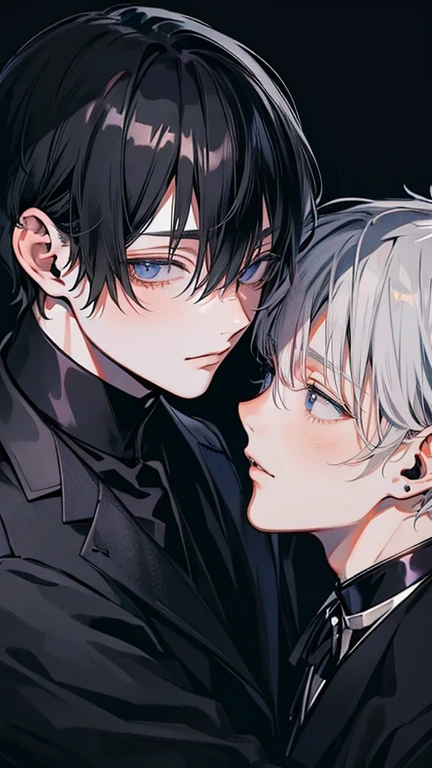 (Mastepiece), (Best Quality), Very detailed, ((Two men intimate:1.5)), Perfect Face, Beautiful Face, Very detailedな顔,(Black-haired man:1.3),(Grey-haired man:1.3)、suit、(smile:1.2)