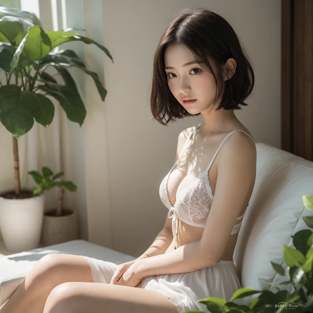 Photorealistic, high-quality 32k photo,35mm lens, f/1, Simple and beautiful Japanese women,((Black medium short hair, chest: 1.2)), A soft smile,A white room bathed in pale sunlight,Backlight,She&#39;s not wearing a bra under her white camisole dress