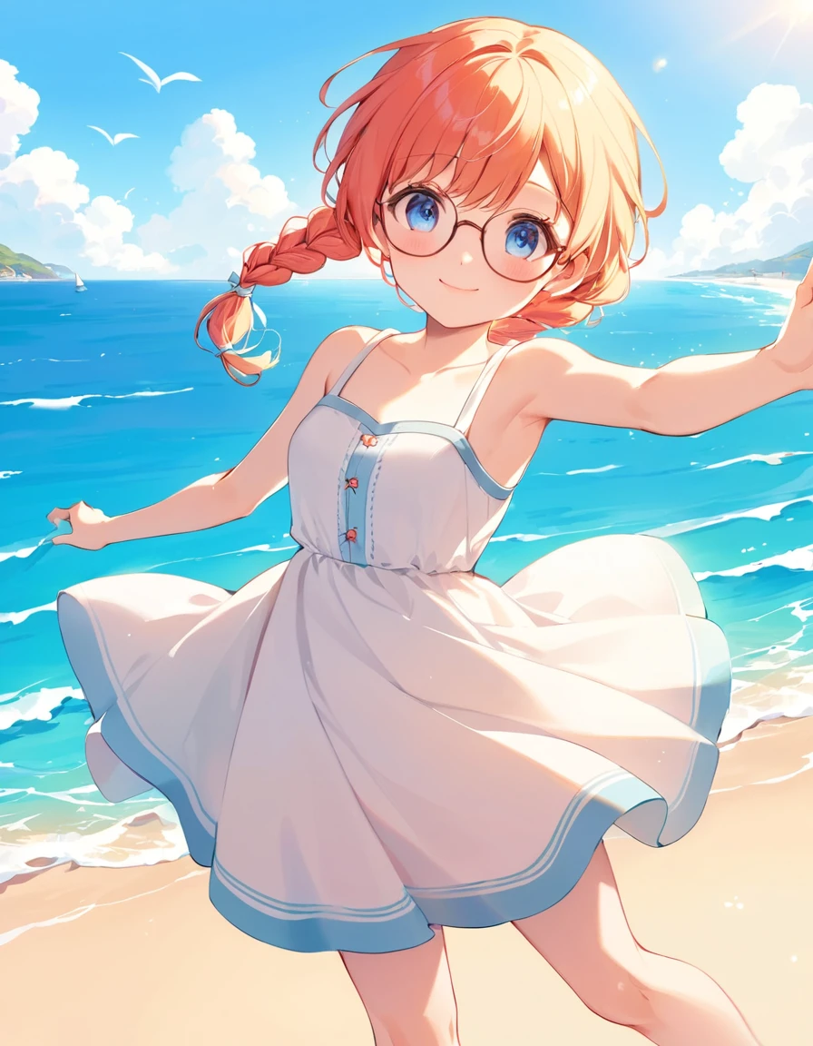 close up face, kawaii, renaissance, A girl with glasses, wearing a sundress, walks through the seaside. Her braided hair sways in the wind, and her presence evokes both nostalgia and hope for the future. bare foot, dancing, smile, vivid colors, light and shadow, religious or mythological themes, cute, adorable, brightly colored, cheerful, anime influence, highly detailed,