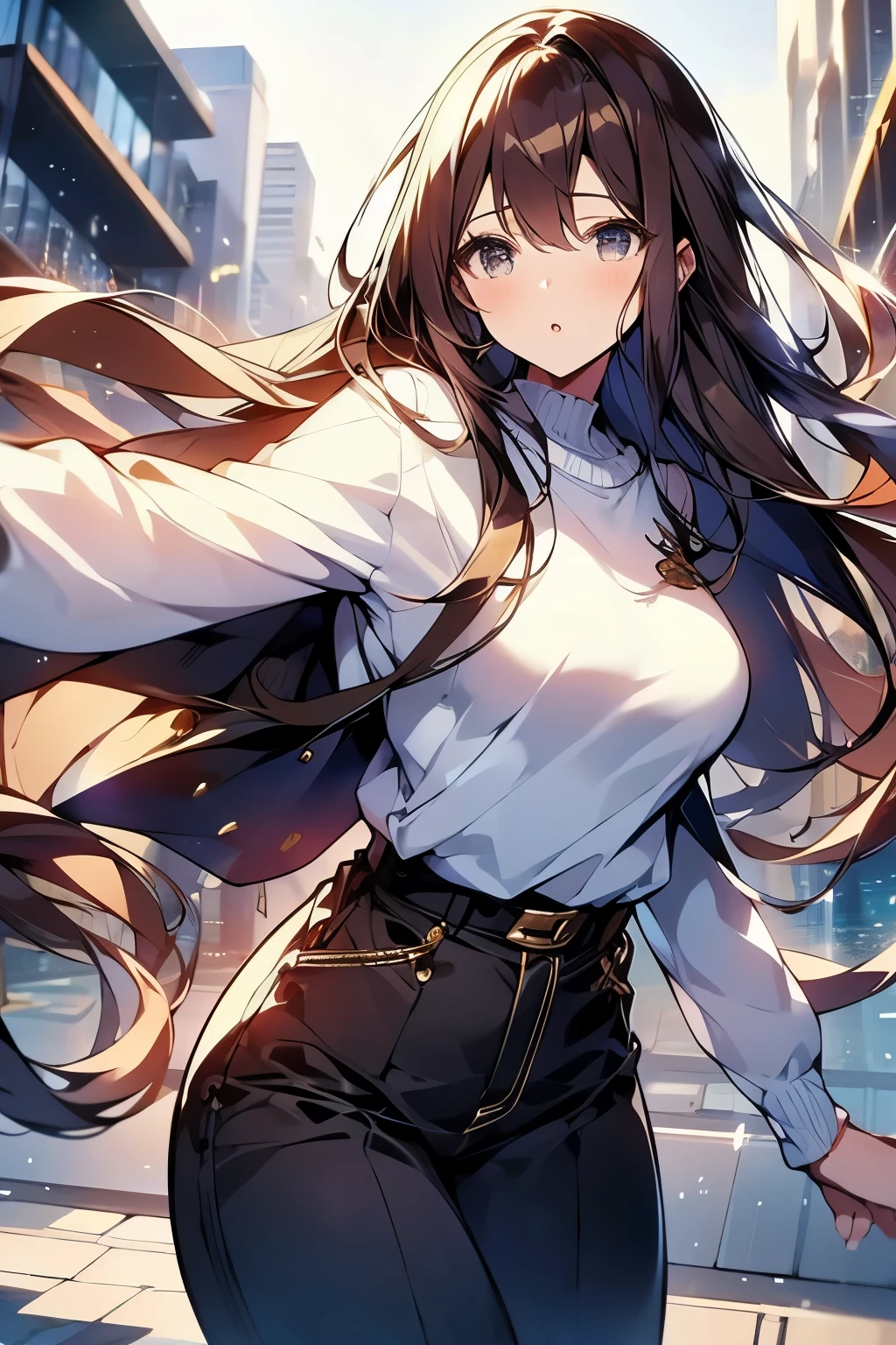 (Masterpiece, best quality), long brown hair , woman, wearing casual cloths