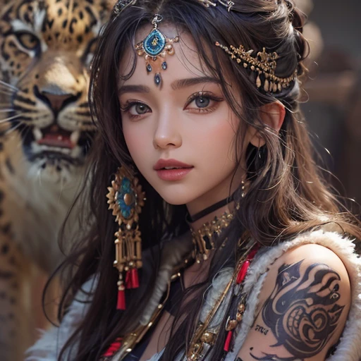 Hiding in the desert、Hair flow、 ((highest quality、masterpiece、8k、Best image quality、Ultra-high resolution、Award-winning works)、(Accurate anatomy:1.1)、(Look at me and smile:1.1)、Shining fair skin with Ultra-high resolution、The most detailed face、Ultra-high resolution detailed face、Ultra-high resolution hair、(Ultra-high resolutionのeyes :1.1)、Beautiful face drawn in every detail、(Blurred Background:1.1)、Ancient Islamic clothing, Chest to chest, tattoo, Old ruins in the background、Black leopard