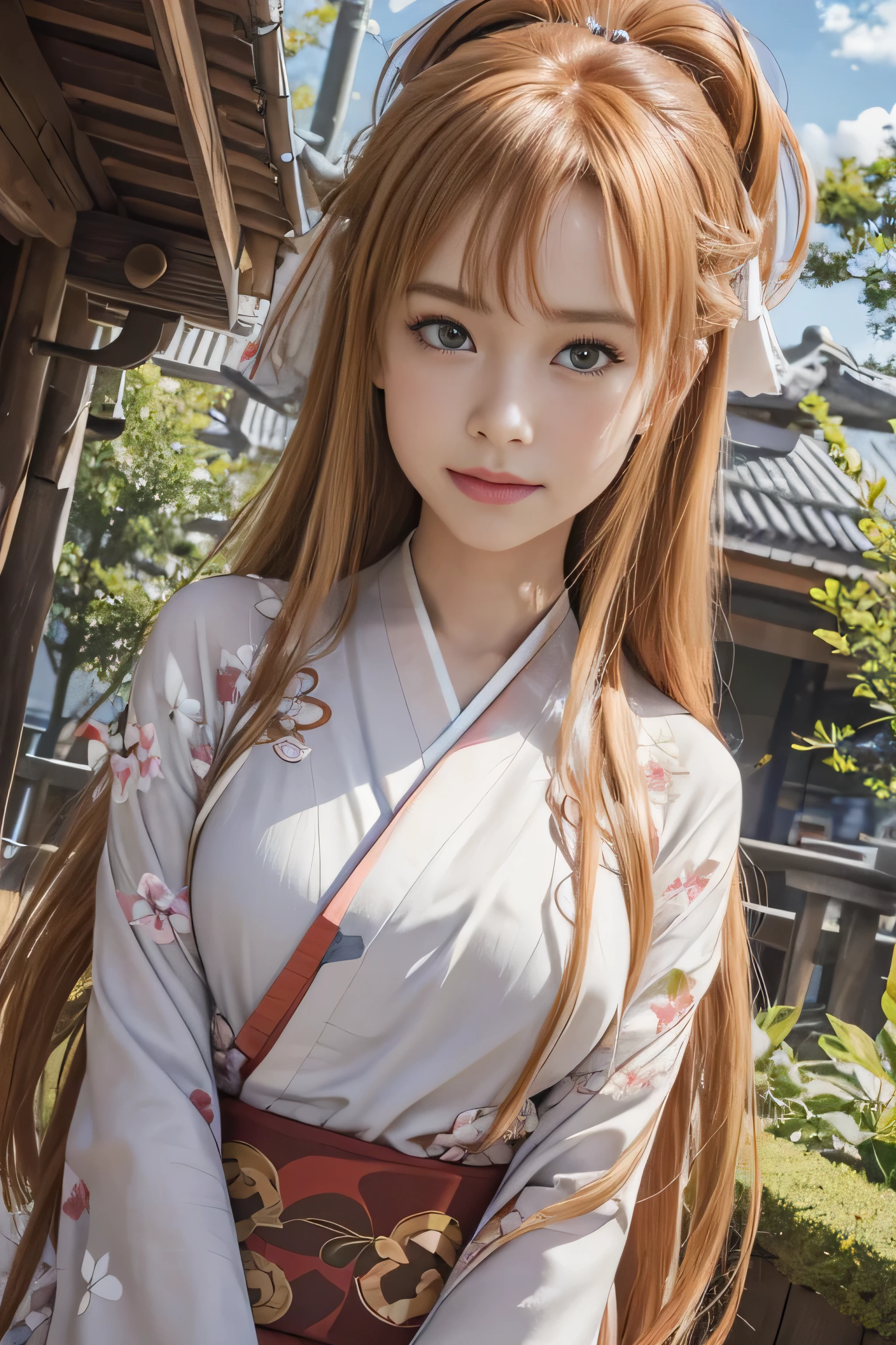 masterpiece, best quality, (realistic,photo-realistic:1.4), (RAW photo:1.2), extremely detailed CG unity 8k wallpaper, delicate and beautiful, amazing,finely detail, official art, absurdres, incredibly absurdres, huge filesize, ultra-detailed,extremely detailed eyes and face,light on face,(little smile)asuna yuuki,(caramel hair hair:1.4),(long hair:1.4),(wearing kimono:1.4),nature