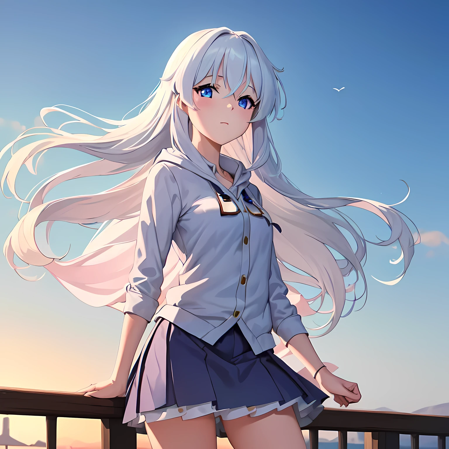 (masterpiece: 1.6, best quality), (beautiful eyes in every detail: 1.2), phelaina, Eouftit3, Eof3, 1girl, elaina (majo no tabitabi), solo, blue eyes, collared shirt, hair between the eyes, white hair, hoodie, short skirt