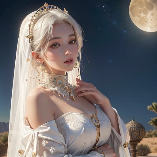 (highest quality、masterpiece、8k、Best image quality、Ultra-high resolution、Award-winning works)、From afar in an oasis surrounded by desert、A beautiful white-haired woman is looking at us, Where light shines from the moon.、Ancient Islamic clothing、Beautiful face drawn in every detail、Photographic images, Shoulders out,