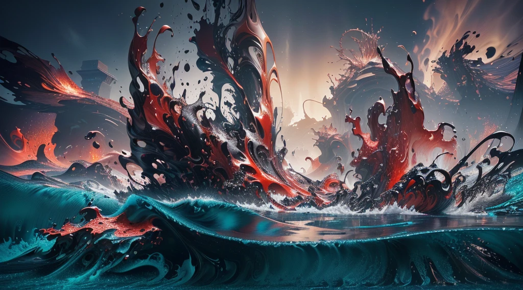 There is a very large red object in the middle of a dark background, 3 d Fluid simulation render, chaotic swirling ferrofluids, rendered in houdini, houdini Fluid simulation, Epic 3D Abstract Model, Fluid simulation in houdini, Fluid simulation, rendered in maya and houdini, rendered, black Fluid simulation, intricate artwork. Octane render