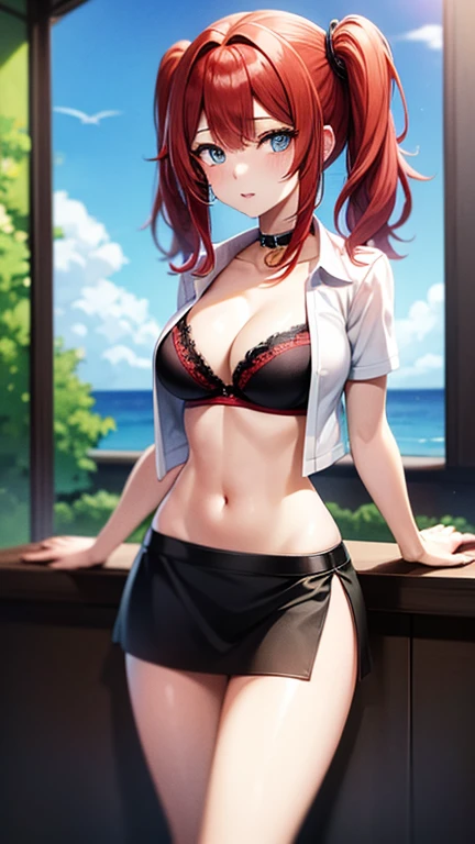 An anime girl with red hair and blue eyes wearing a skirt and an open shirt revealing a black and red bra