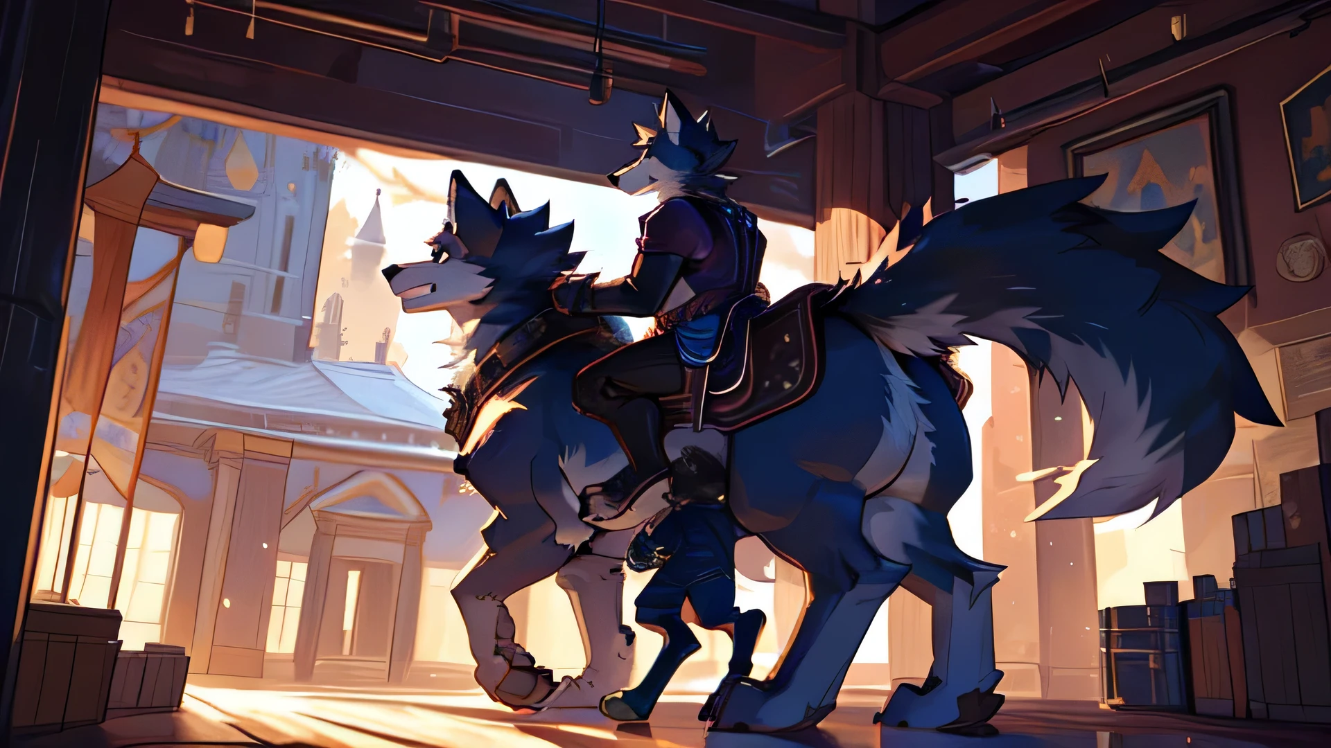 (Duo), (2 characters), (two characters), 4k ultra quality, 4k full body view,(ultra high detailed body), ((anthropomorphic wolf riding a strong feral wolf mount)), detailed body,by mystikfox61, by glitter trap boy,feral paws, by bebebebebe,by morethreedee, by seibear,(thick thigh),(chubby thigh),(thicc thigh),(thick legs),(chubby legs),(thicc legs),(massive feral butt),(enormous thigh),(massive thigh),(massive legs),(strong legs),thick lower legs,wide legs,(detailed thigh),(wide thigh),fluffy belly,furry belly,sharp nails,(ultra detailed face),detailed eyes,big tail,fluffy tail,(detailed tail),enormous tail,bigger tail,huge tail,volumetric light,big lower belly,big paws,(thick paws),fluffy paws,furry paws,enormous paws,animal focus, beast,standing,(bigger lower body),strong lower body,macro,giga,master works, super fine, 4k resolution, high quality, movie lighting, high picture detail,dark fantasy,beast creature,illusory engine, Masterpiece,(shiny fur),ultra big belly,enormous belly,muscle legs,long legs,wide awaits,round belly,back view, (size difference), (riding), (back riding), (riding mount), (mount riding:1.1), (riding a (bloated_feral_mount))