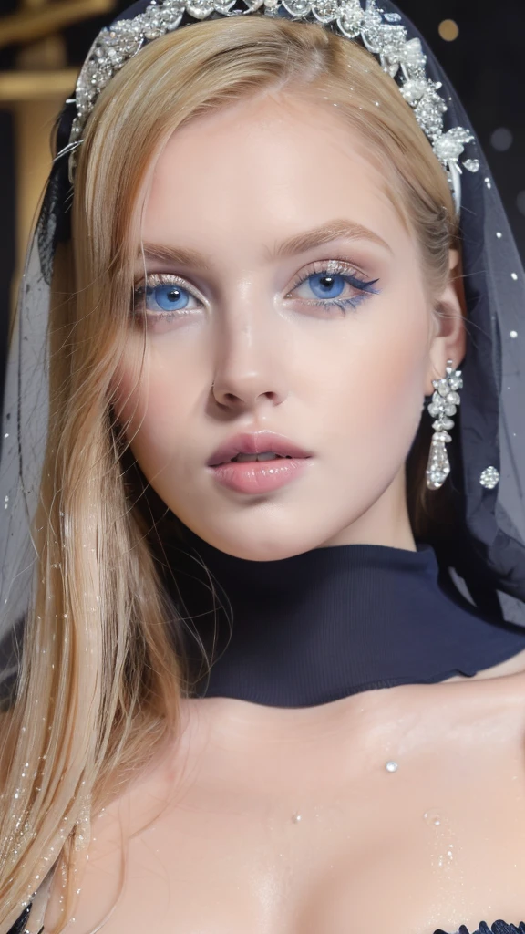 1 beautiful beautiful woman - Scandinavian European appearance (looks like the most beautiful Swedish girl)looks like the model LAREN SUMMER, ((top quality, 8K, Masterpiece:1.retty woman, 1 woman, average breasts:1.3, a slim body:1.1, lush WHITE NIVEOUS long hair, (shower, wet body, wet clothes:1.1), very detailed face, detailed lips, detailed eyes, double eyelids, Detailed blue eyes, Detailed Outstanding Blue Eyes, WHITE NIVEOUS HAIR, in a church , inside the church , she's wearing black hijab, black dress, huge beautiful earrings, full body picture