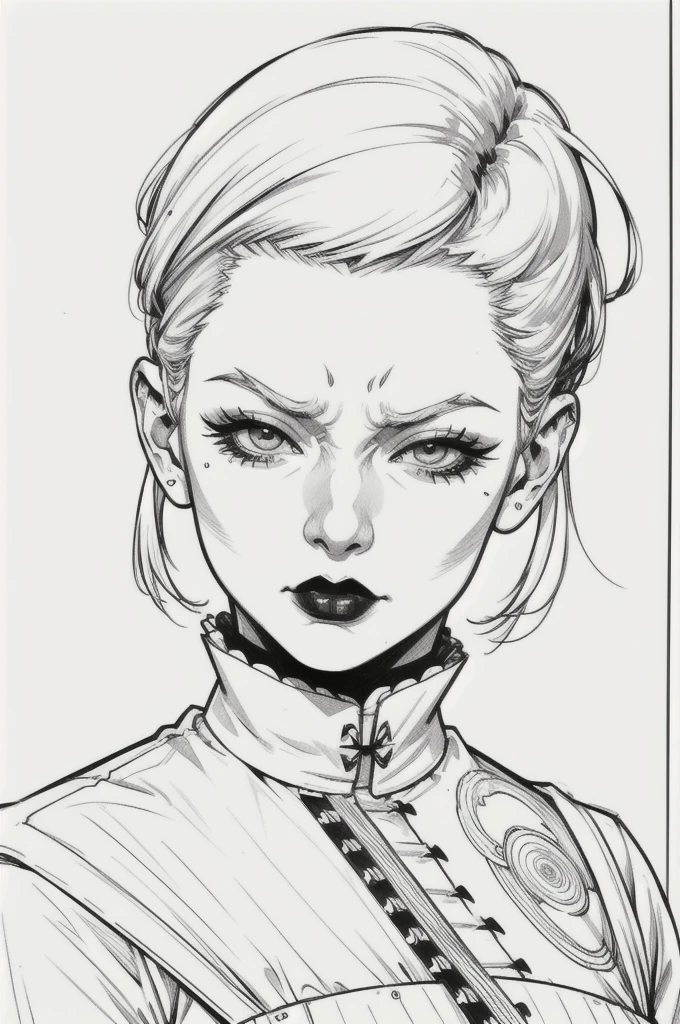 Drawing of a mature woman, realistic portrait, upper body, goth asian girl, white hair, channel haircut, mad face, rebel outfits, punk, horror look. Best lineart, clean flat lineart, Black and white monochrome, thin pen lines. No colors or shading. Flat white background