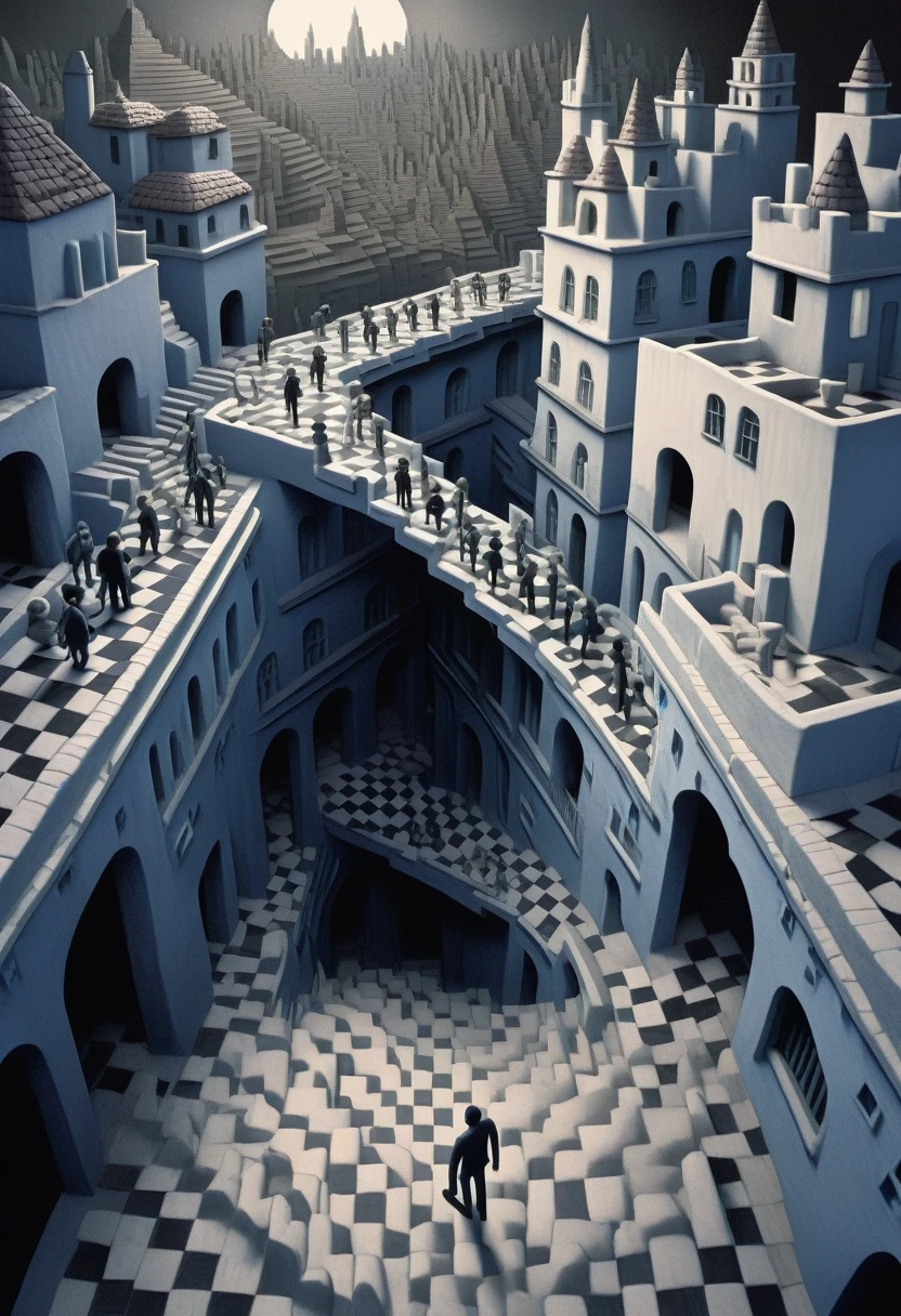 3d textured underground city environment made of clay, (black and white chroma:0.7), vast cityscape tunnels of stairs leading to several tiled checkered floor platforms, infinity architecture impossible geometry, surrealist stairways everywhere, staircase fractals,  claymation film still, photographic depth of field, caustics, realistic shadows, distant black silhouetted figure person standing in the distance, faded dark blue color hue shadows, fever cold lighting hue, 