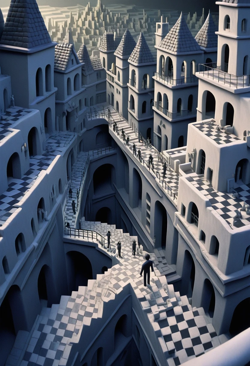 3d textured underground city environment made of clay, (black and white chroma:0.7), vast cityscape tunnels of stairs leading to several tiled checkered floor platforms, infinity architecture impossible geometry, surrealist stairways everywhere, staircase fractals,  claymation film still, photographic depth of field, caustics, realistic shadows, distant black silhouetted figure person standing in the distance, faded dark blue color hue shadows, fever cold lighting hue, 