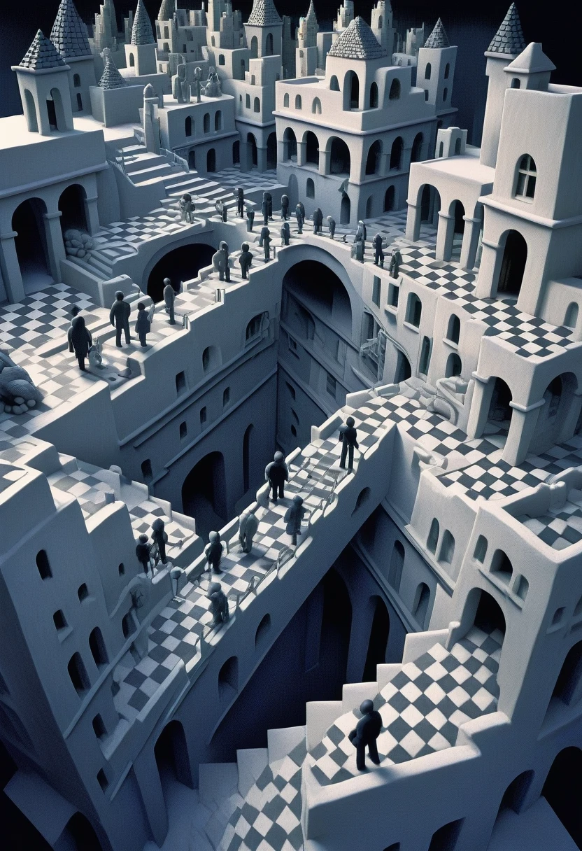 3d textured underground city environment made of clay, (black and white chroma:0.7), vast cityscape tunnels of stairs leading to several tiled checkered floor platforms, infinity architecture impossible geometry, surrealist stairways everywhere, staircase fractals,  claymation film still, photographic depth of field, caustics, realistic shadows, distant black silhouetted figure person standing in the distance, faded dark blue color hue shadows, fever cold lighting hue, 