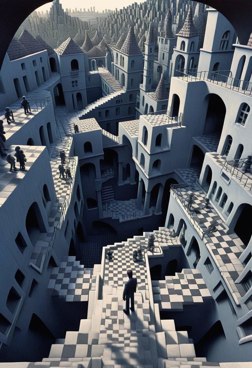 3d textured underground city environment made of clay, (black and white chroma:0.7), vast cityscape tunnels of stairs leading to several tiled checkered floor platforms, infinity architecture impossible geometry, surrealist stairways everywhere, staircase fractals,  claymation film still, photographic depth of field, caustics, realistic shadows, distant black silhouetted figure person standing in the distance, faded dark blue color hue shadows, fever cold lighting hue, 