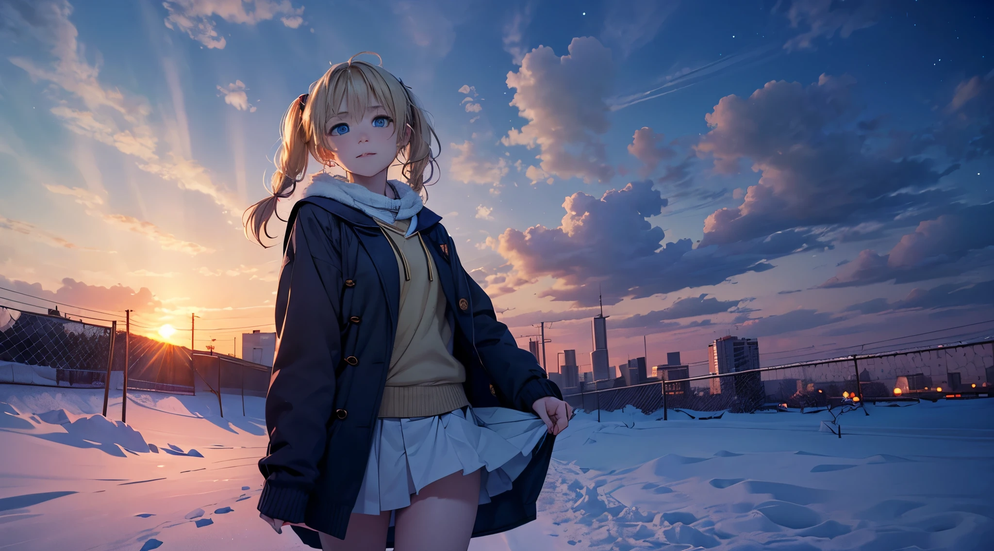 fullnude, masutepiece,8K,octans, Skysky, stele(Skysky), landscapes, starrysky, natta, looks at the camera, (Legs without stockings:1.iercing gaze, nigh sky, report, plein air, built, ​​clouds, milkyway, City, silhuette, Cityscape,(Short, Low twin-tailed blonde hair:1.2), (Deep Blue Eyes:1.3, piercing gaze, small smile, (winter school uniform:1.1)