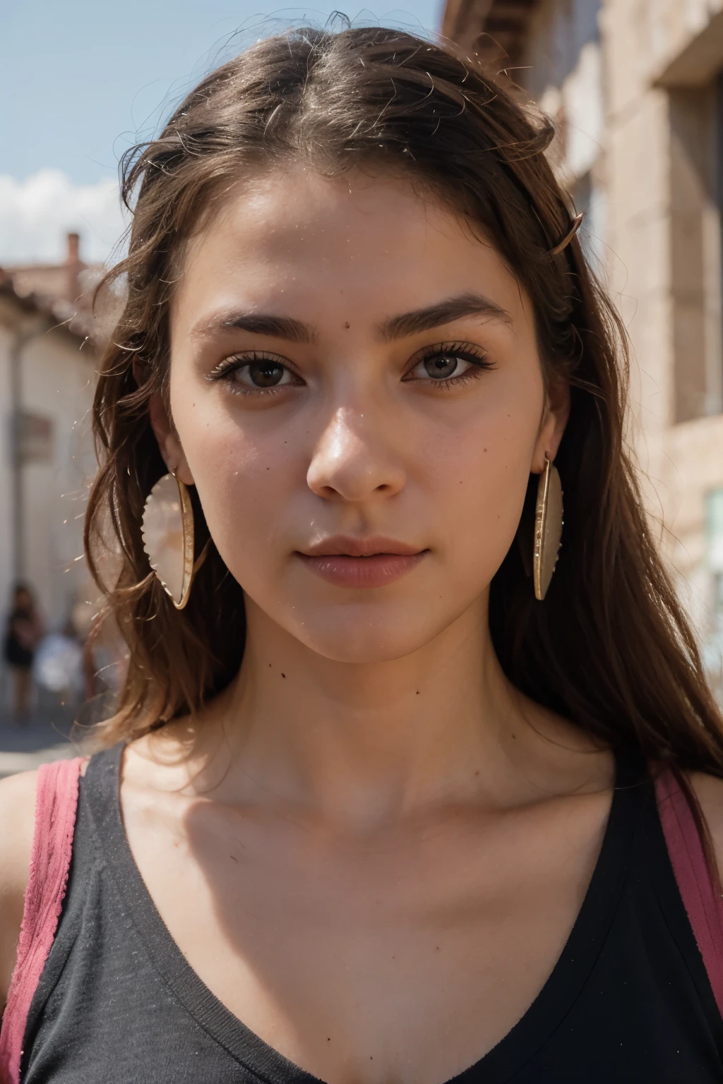 ((mejor calidad)), ((obra maestra)), (detallado), perfect face, an attractive girl with Cusco features who wears earrings in the shape of pucara bulls