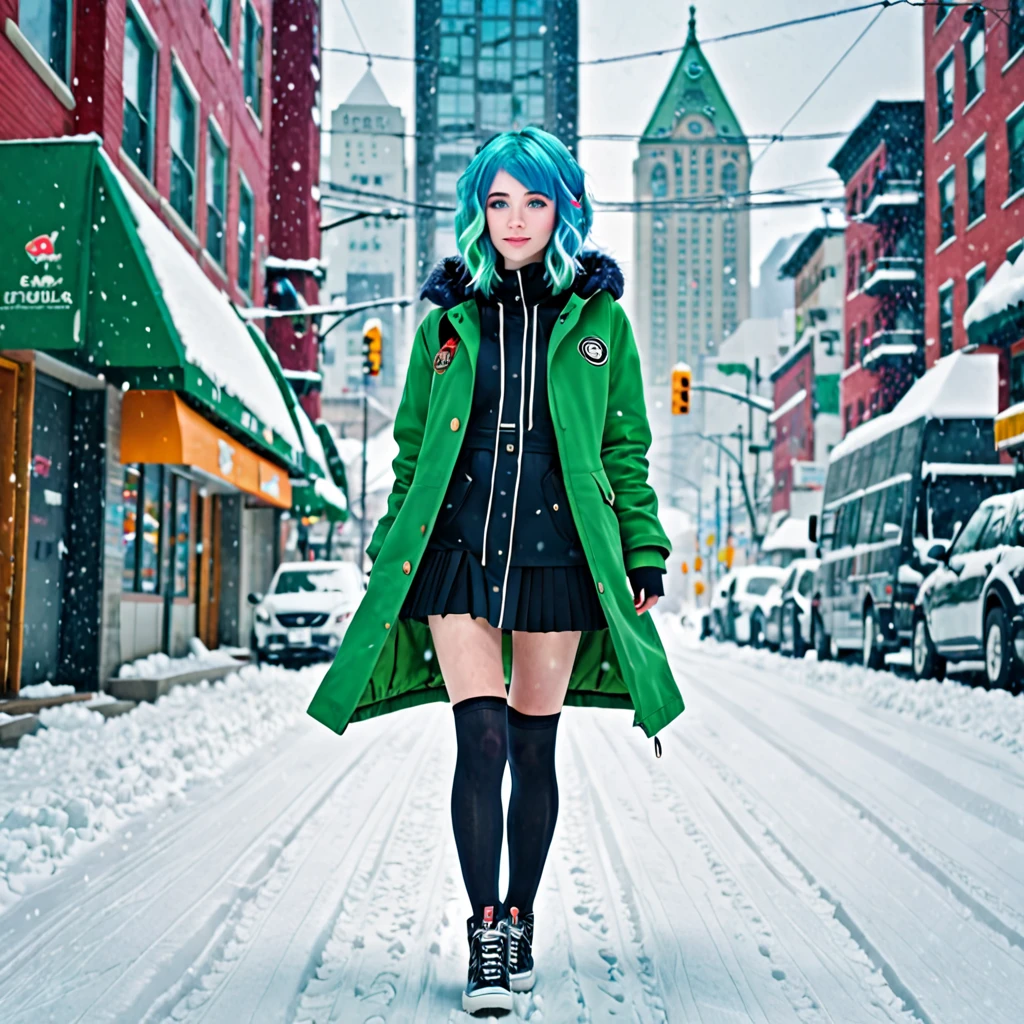 best quality,ultra high res,girl wears mini,solo,full body,snow,city,, blue hair,green eyes,jk