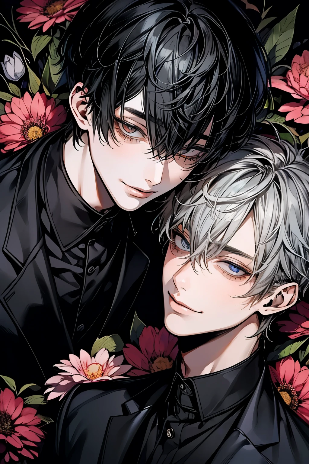 (Mastepiece), (Best Quality), Very detailed, ((Two men)), Perfect Face, Beautiful Face, Very detailedな顔，(Black-haired man:1.3)，(Grey-haired man:1.3)，suit，shirt，smile，flower