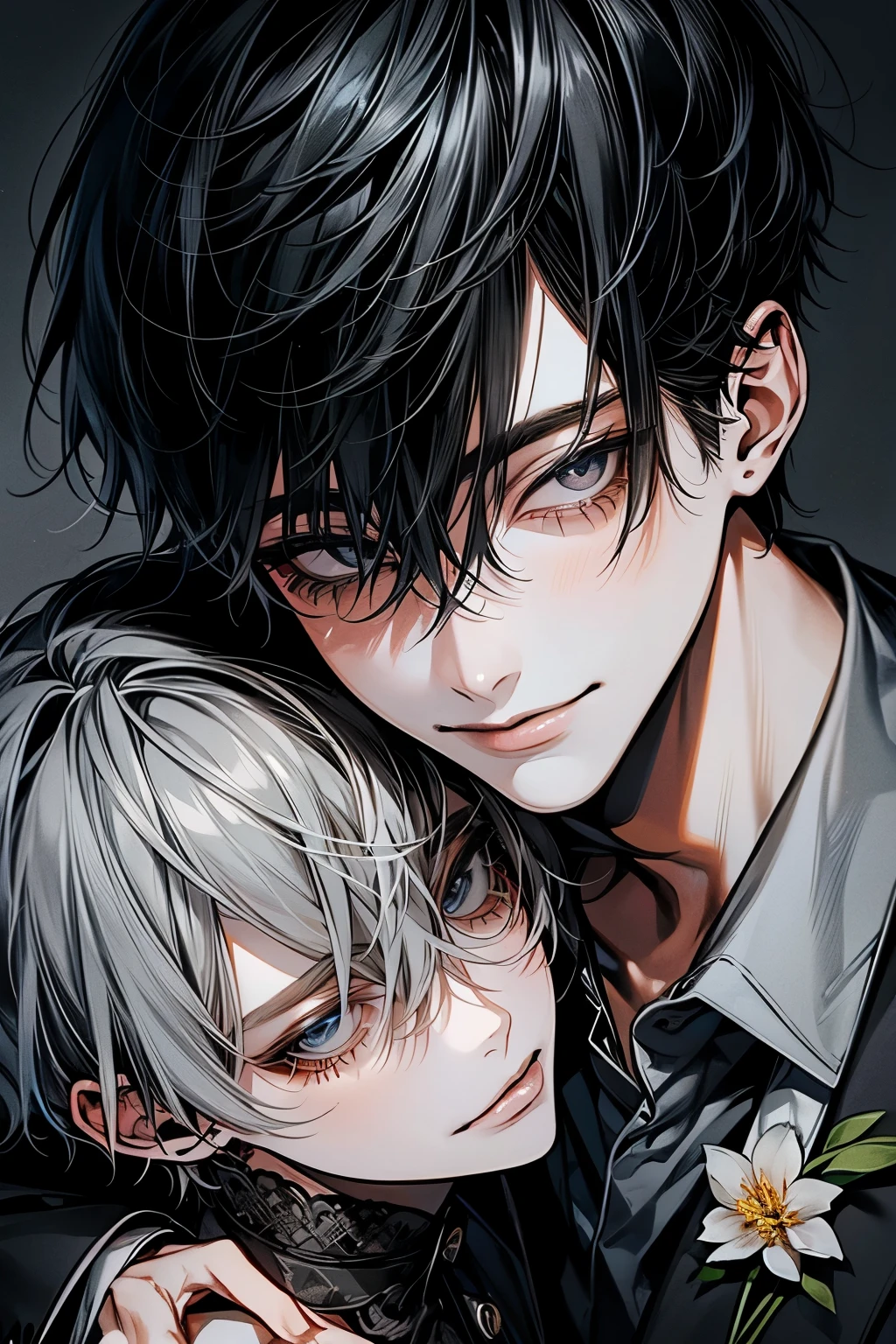 (Mastepiece), (Best Quality), Very detailed, ((Two men)), Perfect Face, Beautiful Face, Very detailedな顔,(Black-haired man:1.3),(Grey-haired man:1.3),suit,shirt,smile,flower