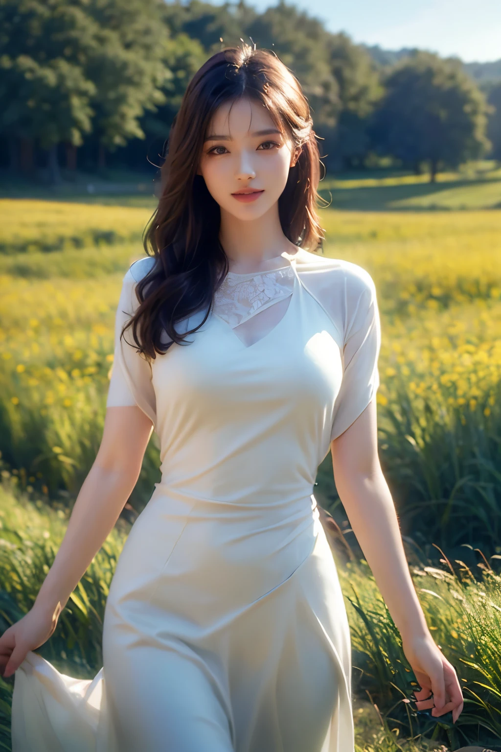 (realistic:1.3), finely detailed, best quality, (masterpiece:1.2), (detailed skin:1.3) , (intricate details), ray tracing, dramatic, 1girl, (cute Ethereal Female), light smile, (film grain:1.2), Field, Meadow, Landscape, Farming, Sunshine, Flowers