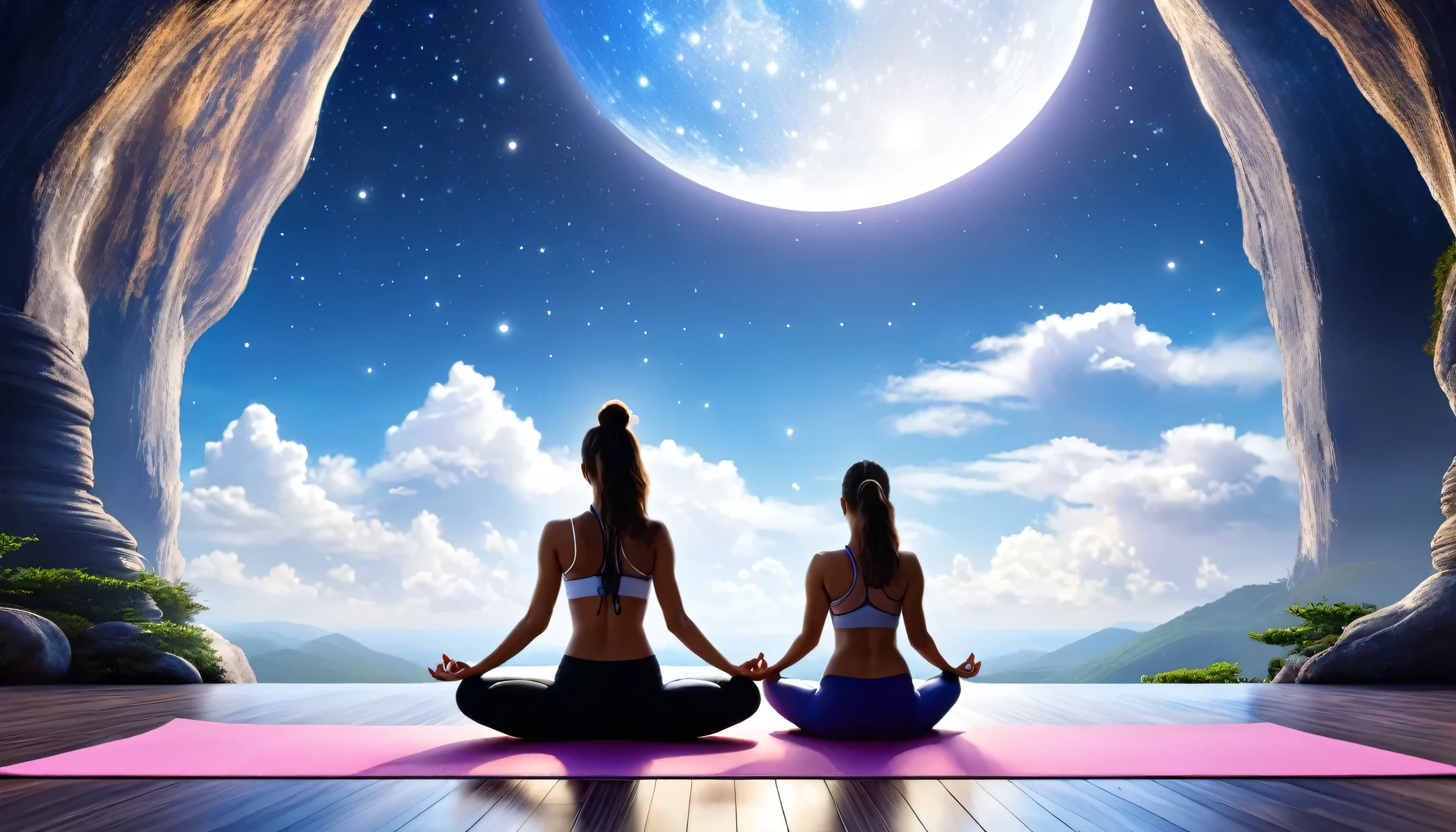 lua cheia ao fundo e mulher fazendo yoga em primeiro plano. 
