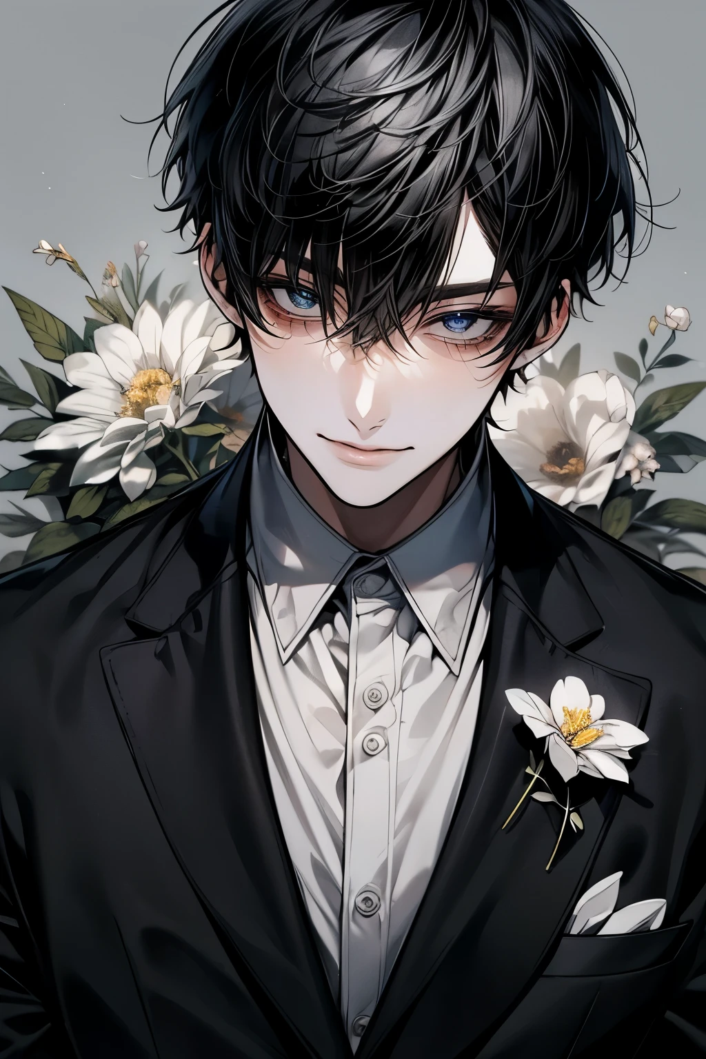 (Mastepiece), (Best Quality), Very detailed, ((Two men)), Upper body shot、Perfect Face, Beautiful Face, Very detailedな顔，(Black-haired man:1.3)，(Grey-haired man:1.3)，suit，shirt，smile，flower