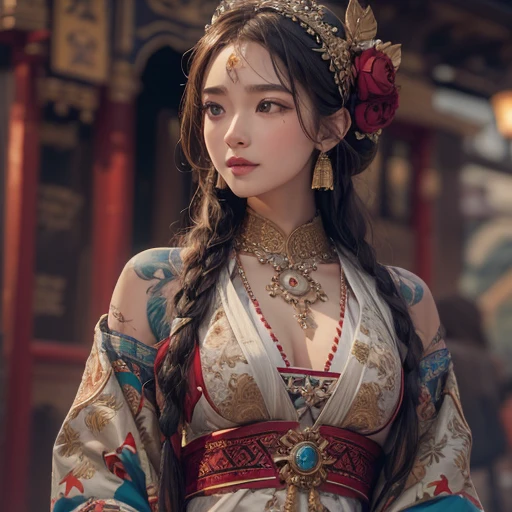 Ride an Antique Bicycle on Baker Street 、Hair flow、 ((highest quality、masterpiece、8k、Best image quality、Ultra-high resolution、Award-winning works)、(Accurate anatomy:1.1)、(Look at me and smile:1.1)、Shining fair skin with Ultra-high resolution、The most detailed face、Ultra-high resolution detailed face、Ultra-high resolutionの髪の毛、(Ultra-high resolutionの煌めく瞳:1.1)、Beautiful face drawn in every detail、(Blurred Background:1.1)、Ancient Islamic clothing, Chest to chest, tattoo,
