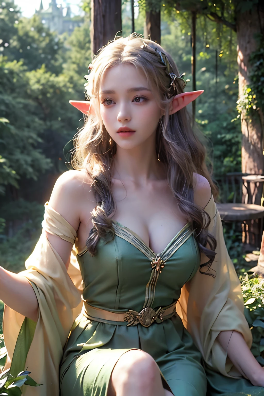 era elf, (queen elves sit on the treetops:1.2), enchanting beauty, (fantasy), (elf mother tree), (world tree), ethereal glow, pointed ears, delicate facial features, long elegant hair, mystical ambiance, soft lighting, harmonious with nature, subtle magical elements, serene, dreamlike quality, pastel colors, (castle)