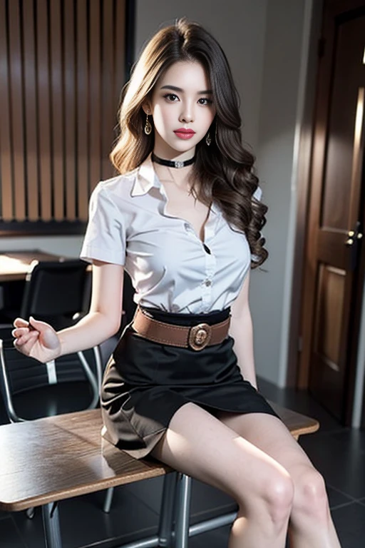(Masterpiece, best quality, alone, รายละเอียดที่complex, Chromatic aberration), realistic, ((Moderate breath)), hair in one eye,purple eyes, earring, sharp eyes, choker, (symmetrical eyes),(Perfect symmetrical body),Photo of a beautiful 24 year old girl, Beautiful and charming with contemporary fashion paintings as well......, looking at the audience, ((in the classroom background)), (1 ),(black short skirt), (white short sleeve, Form fitting shirt., Unbuttoning the buttons, Revealing a little breast.Wear it with a blue short-sleeved lab coat...), ((A short black pencil skirt with a deep slit on the side....)), sugar belt, ((Put your hands down.)),Copper blonde hair, Bob, round chin, Art lens 85mm, Sharp focus, High resolution 8K, Crazy details, complex, elegant,sitting on the study table Lift one leg to eye level..., legs slightly apart., dynamic gesture, ((Dress in sharp clothes.., .))