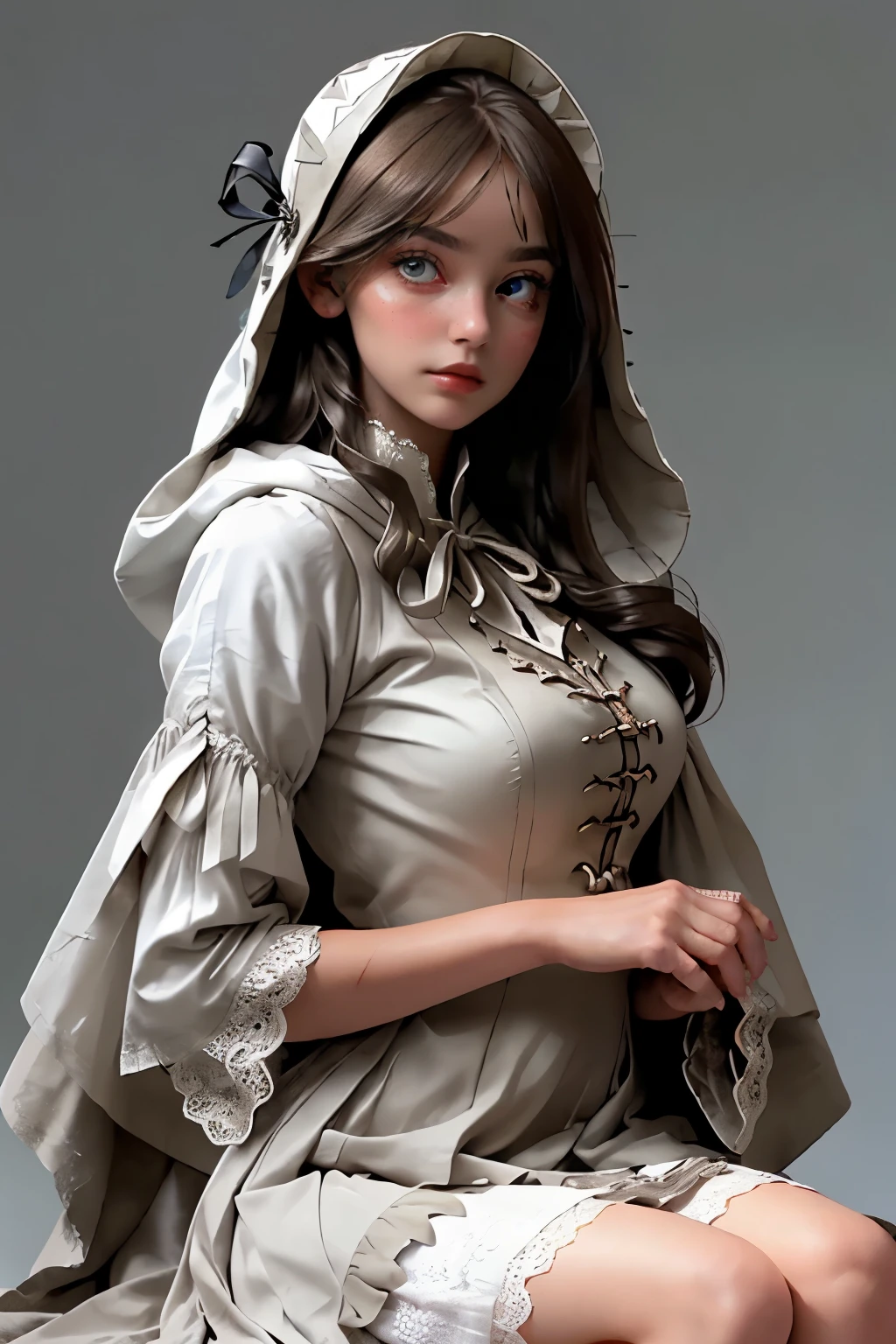 mpts
Copy
(((masutepiece, of the highest quality, super detailed))), hand drawn style, hand painted style, watercolour, sketch, a knight, white background, plain background, Bloodborne inspired, tatty Bloodborne attire, occult aesthetic, occult, tatty red and white clothing detailed and intricate steampunk and detailed gothic ta (with a hood), diadems, long coat, Complex laced boots, Fluttering lace flared long knee length dress with frilly petticoats, long dress, knee length dress, pleated petticoats, loliress, petticoats gothic lolita, tiful small breasts, (((( Highly detailed face))), small thin nose, Small thin lips mouth, (((Very sharp focused eyes))), Very large slit precision pale grey eyes that shine like jewels. very long eyelashes, Silver hair swaying in the wind, Emitting a dazzling light in a mandala pattern, white background, Very dramatic and cinematic lighting, tatty damaged old red and white clothing, full body, whole body, body, cosmic horror, grim dark