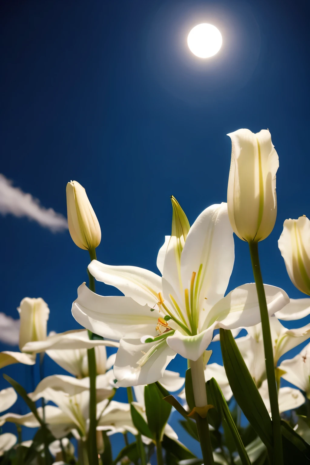 A white lily grows from the earth。The full moon is above