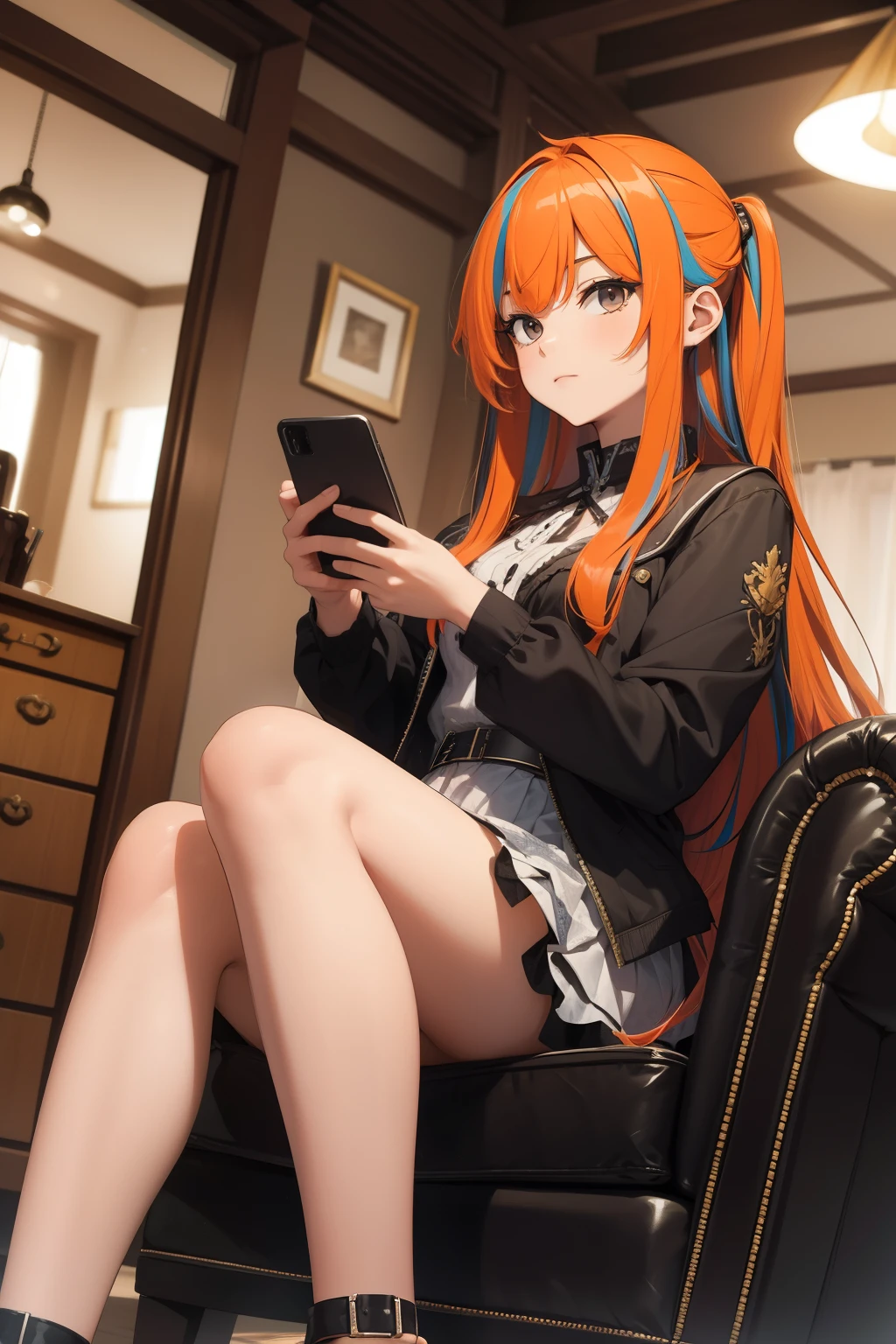 dutch angle, masterpiece,1 girl, solo, multicolored hair, long hair, selfie, looking at smartphone, sitting, living room