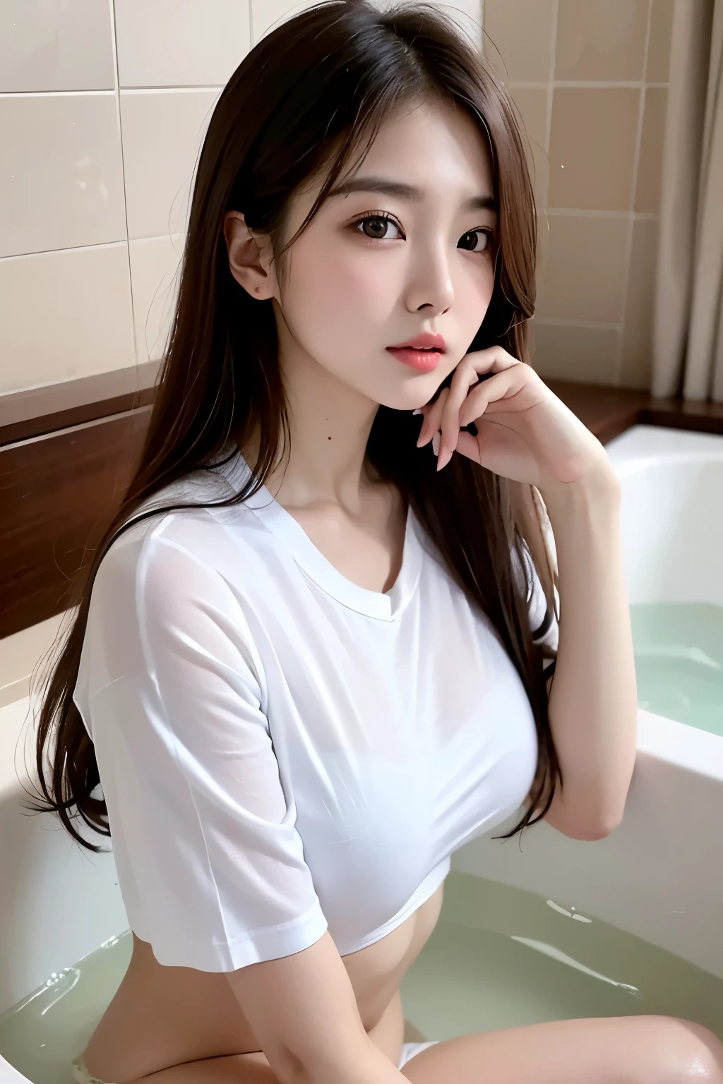 Joven koreana, realmente hermosa, cara perfecta, rubia, tetas grandes, esta vestida con una blusa ajustada, usa una gargantilla, cara seductora, pose sensual, In the bath, luz suave