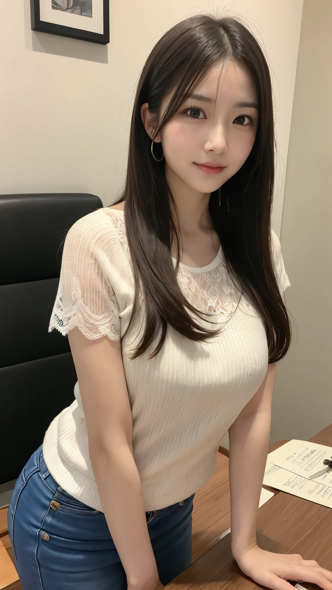 On the table、best quality、Photorealism、Finely、high resolution、８wallpaper、Perfect dynamic posture、Beautiful slender eyes and long hair、（Big plump breasts 1.3）、casual sexy pose、Random situations、Selfie Angle，Close Range，Looking at the camera，（Tight round neck black mesh lace shirt）、、Gentle smile、50 years old、（Perfect Eyes 1.3）、Mature adult beauties、Japanese、