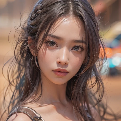 Riding a Harley Motorcycle、Running in the desert、Hair flow、 ((highest quality、masterpiece、8k、Best image quality、Ultra-high resolution、Award-winning works)、(Woman close up'Face:1.35)、(裸Faceのクローズアップ:1.3)、(Accurate anatomy:1.1)、(Look at me and smile:1.1)、Shining fair skin with Ultra-high resolution、The most detailed face、Ultra-high resolution detailed face、Ultra-high resolutionの髪の毛、(Ultra-high resolutionの煌めく瞳:1.1)、Beautiful face drawn in every detail、(Blurred Background:1.1)、
