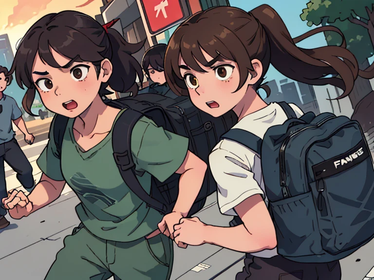 Poster design, (sfw), Multiple characters, two running teenagers (absolutely identical, twins) boy and girl, Brother and sister, round beautiful face, Brown eyes, semi-long very tousled brown tousled hair tied in a ponytail, swamp T-shirt, military style trousers with patch pockets, chunky special forces boots, Backpack on the back, large angry zombies in the background are running after them, fleeing together from the crowd, excitement, voltage perfect quality, Clear Focus, Colorful, perfect face, complex parts, ultra-low viewing angle, wide angle lens