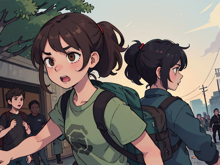 Poster design, (sfw), Multiple characters, two running teenagers (absolutely identical, twins) boy and girl, Brother and sister, round beautiful face, Brown eyes, semi-long very tousled brown tousled hair tied in a ponytail, swamp T-shirt, military style trousers with patch pockets, chunky special forces boots, Backpack on the back, large angry zombies in the background are running after them, fleeing together from the crowd, excitement, voltage perfect quality, Clear Focus, Colorful, perfect face, complex parts, ultra-low viewing angle, wide angle lens