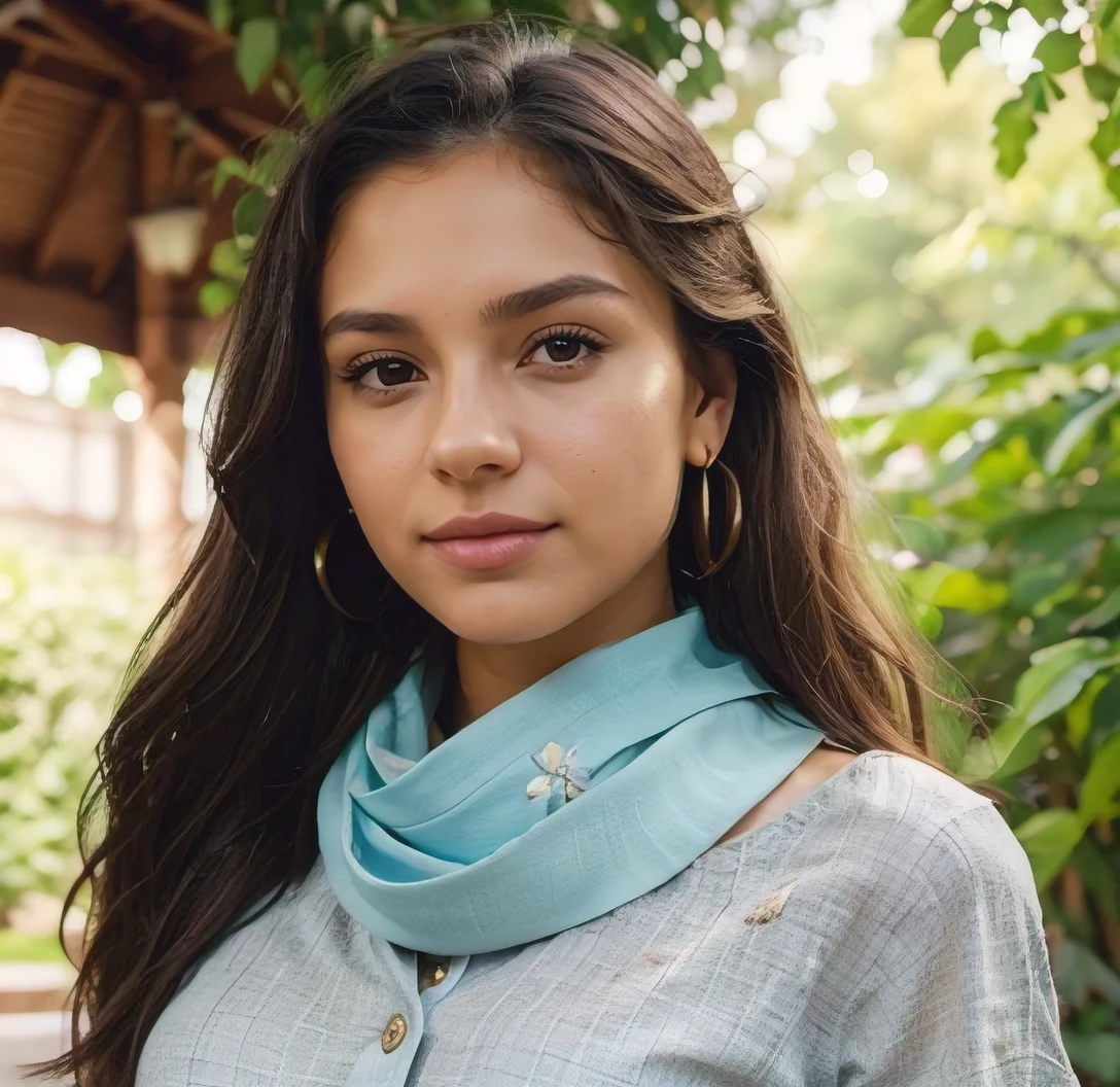 This is Ailina, an 18-year-old woman of Russian origin living in America. Ailina has a warm wheatish skin tone, expressive brown eyes, and wavy hair that cascades gently but is loosely tied back, with a few strands framing her face. Her jawline is quite prominent, complementing her slightly full lips that form a genuine and warm smile, radiating a friendly and approachable demeanor. She is wearing minimalistic gold earrings that add a subtle touch of elegance.
Ailina is dressed in a casual yet chic outfit: a light blue blouse made of soft, flowing fabric that catches the light beautifully, paired with a delicate, patterned scarf that drapes elegantly around her neck. Her outfit is complemented by a pair of dark, fitted jeans and comfortable, stylish flats.
The setting is an outdoor scene, situated in a lush, verdant garden filled with vibrant flowers and greenery. In the background, there's a charming wooden gazebo partially visible, adding to the serene and picturesque atmosphere. The sky is clear with soft, fluffy clouds scattered, allowing the sunlight to filter through, casting a gentle, warm glow over the entire scene.
The lighting is natural and soft, enhancing Ailina’s skin tone and bringing out the rich color of her eyes. The shot is a medium long shot, capturing her from the waist up, allowing the details of her outfit and the surrounding environment to be appreciated. The background is slightly blurred to create a depth-of-field effect, ensuring Ailina remains the focal point of the image.
Key elements:
- Warm wheatish skin tone, expressive brown eyes, and wavy hair loosely tied back with face-framing strands
- Prominent jawline and slightly full lips forming a genuine, warm smile
- Minimalistic gold earrings adding a subtle touch of elegance
- Casual chic outfit: light blue blouse made of soft, flowing fabric, patterned scarf, dark fitted jeans, and stylish flats
- Lush, verdant garden setting with vibrant flowers and greenery
