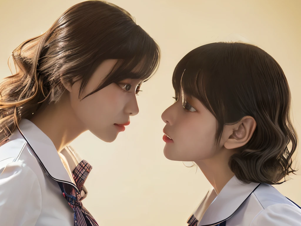 (yuri:2), (2 girls:2), Cowboy Shot, Japanese, 17 year old supermodel, the body is slim, high school girl, (from before), (highest quality:1.4), 32K resolution, (Realistic:1.5), (Ultra-realistic:1.5), High resolution UHD, (masterpiece:1.2)), (Improvement of quality:1.4), (Very beautiful facial details), (highest qualityのリアルな肌の質感:1.4), (Perfect Anatomy:1.2), (), ((school uniform)), (( White short sleeve blouse shirt:1.21)), Cleavage cutout, , , ((navy check pleated skirt:1.1)), , ((background color is yellow:1.15)), Accurate Fingers, Very detailed, Symmetrical eyes, Thin lashes, Thinly trimmed eyebrows, (View your viewers), Natural Makeup, [Pink lipstick], ((A great eye for quality:1.2)), (tired, Sleepy and satisfied:0.0), (Beautiful Lips:1.33), (Great nose:1.2), ((Physically Based Rendering of the Background:1.37)), (Mid-chest), Tight waist, (Heavy chest:1.05, Slim lower body), Shiny brown hair, bangs, (Natural Wave Hair :1.37), , Gentle light illuminates the face and body, Spectacular and inspiring cinema lighting,Arms at your sides, Happy laughter, , , 