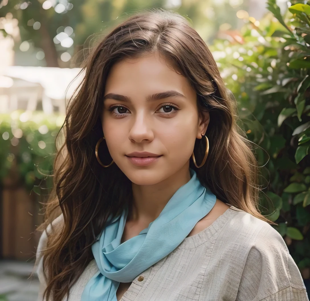 This is Ailina, an 18-year-old woman of Russian origin living in America. Ailina has a wheatish skin tone, warm brown eyes, and wavy hair that is loosely tied back. Her jawline is quite prominent, complementing her slightly full lips that form a genuine and warm smile. She is wearing minimalistic gold earrings.

Ailina is dressed in a casual yet chic outfit: a light blue blouse and a delicate scarf. The background is an outdoor setting with lush greenery, providing a natural and fresh look. The lighting is soft and natural, enhancing her skin tone and eye color. The shot is a medium close-up, capturing her from the chest up, with a slightly blurred background to keep the focus on her.

Key elements:
- Wheatish skin tone, warm brown eyes, and loosely tied-back wavy hair
- Prominent jawline and slightly full lips forming a genuine smile
- Minimalistic gold earrings
- Casual chic outfit: light blue blouse and delicate scarf
- Outdoor setting with lush greenery
- Soft natural lighting
- Medium close-up shot with slightly blurred background
- Photorealistic detail with vibrant colors
