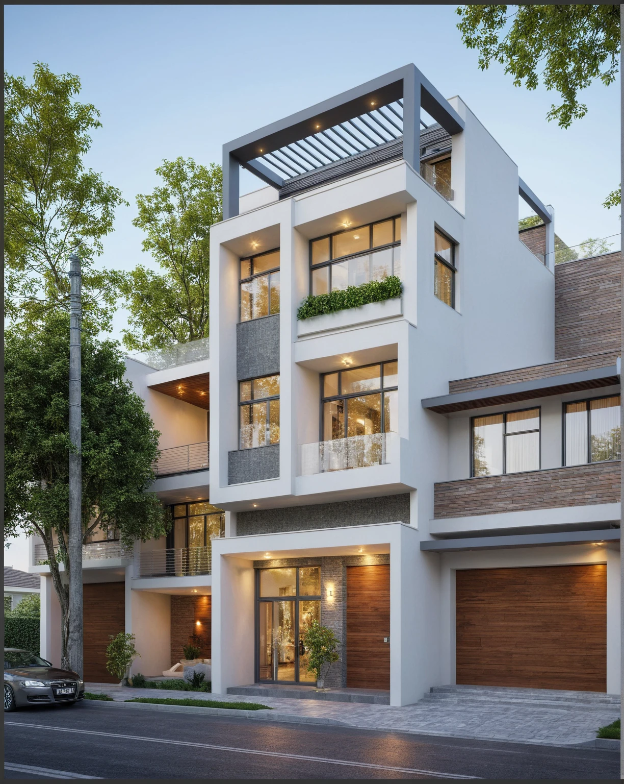 townhouse, (modern style:1.2), exterior design, perspective view, (white wall:1.3), (block sidewalks and asphalt roads), (day sky background), Low trees around the house, (the house next door is lower than the subject designer's house), (day light:1.1), (Neutral lighting is suitable for the townhouse, light color thermometer lighting), (architectural design visualization), (reflection), (focus on object), (material normal bump real reflection), (scattered light), (light ray), (multi-beam light), (sunbeam) (multi-level reflection), (chao vantage software visualization render),(((Best Quality))), ((Masterpiece)), ((best illustration)), ((best shadows)), ((Super Detail)), (Intricate lines), (Photorealism),(hyper detail), ((archdaily)), ((award winning design)), (dynamic light), ((day)), spotlight, (perfect light), (shimering light), ((photorealistic)), ((intricate detail)), ((extreme detail)), ((crazy detail)), ((octane render)), ((trending on artstation)), ((High-fidelity)), ((Viwvid)), ((Crisp)), ((Bright)), ((Stunning)), ((Eye-catching)), ((High-quality)),((Sharp))((Bright)), ((Stunning)), ((natural sun environment)), ((Eye-catching)), ((Illuminating)), ((Flawless)), ((High-quality)),((Sharp edge render)), ((medium soft lighting)), ((photographic render)), ((detailed archviz)), ((reality environment)), (modern townhouse design architectural design facade), (modern townhouse facade roof design), (modern townhouse facade wall design), (modern townhouse facade decoration material design) (townhouse facade door and window design modern), (environmental lighting design), (modern townhouse facade lighting design), (modern townhouse front gate and fence design), (tree decoration design for townhouse facade), (Design lights for gate posts and fences), (townhouse facade railing design), (level of photo realism, depends on lighting, materials, composition, Real-Time Rendering, based on chao vantage timage rendering graphics software)