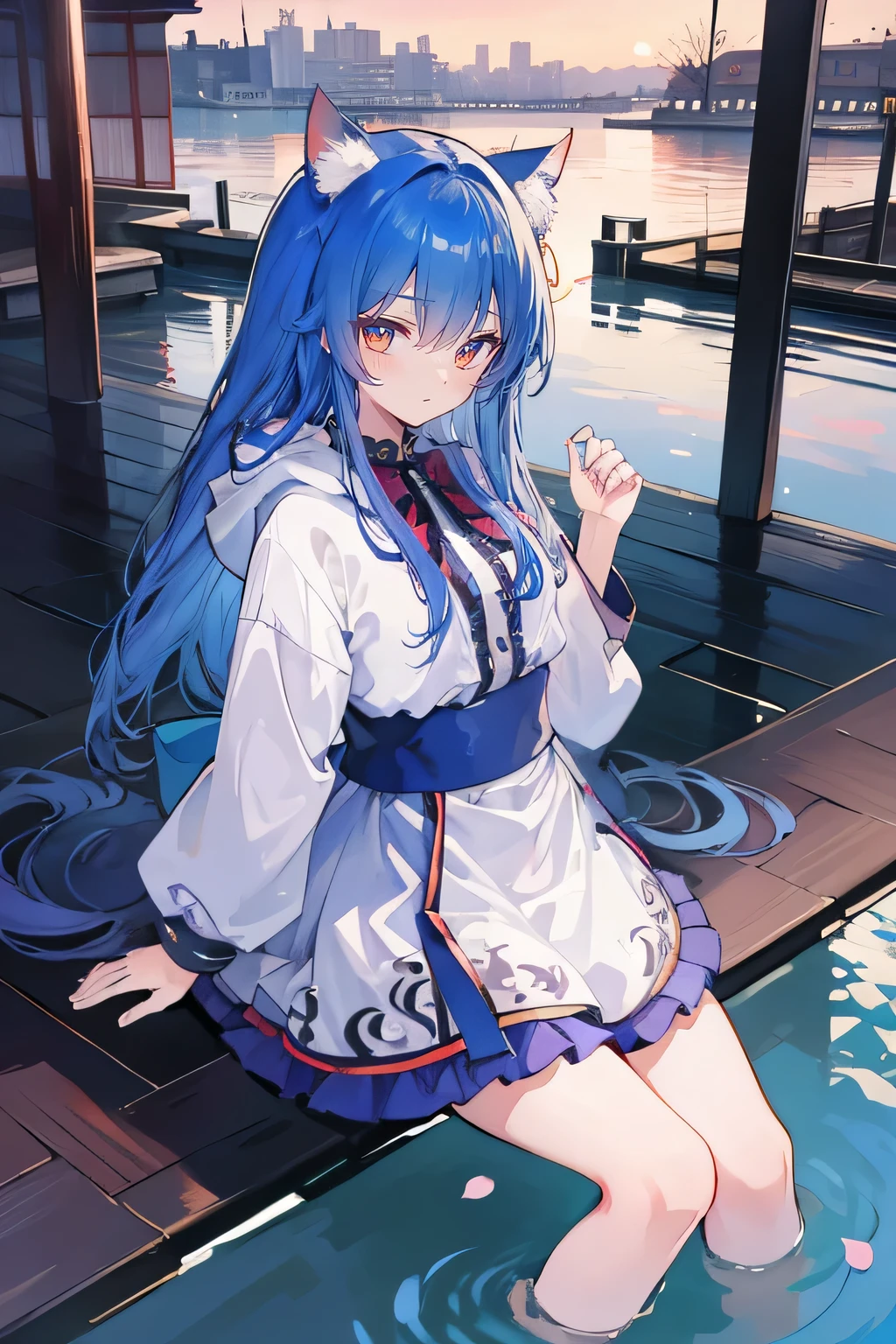 (masterpiece:1.2),Super detailed,lifelike,Expressive eyes,fair skin,perfect face shape,1 girl,
Japanese comics,Gorgeous blue hair,flowing blue hair,flowing clothes,Cat ears,Petals fall,beautiful lola,Baby Angel,
Shaking head with one hand,Cross your legs,Gentle and peaceful background,The pavilion is cool and comfortable,smile, wearing hoodie, background of tokyo,back views,snowing, winter,lie on the water.