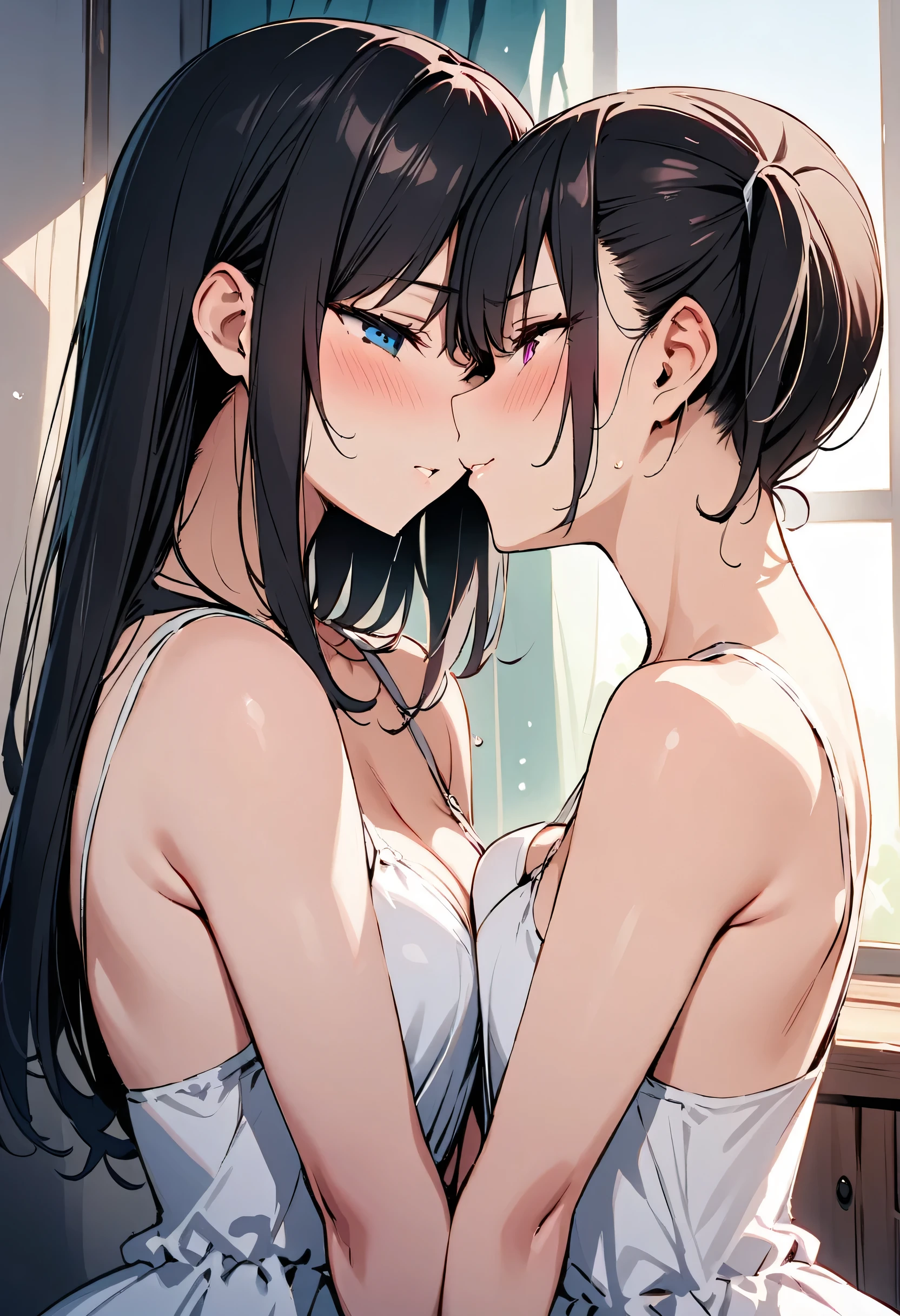 Kiss, hug, (High resolution:1.4), (masutepiece:1.2), (High quality:1.3) 1girl, saten ruiko, green eyes, long hair, black hair, small breast, tank top, hot pants, cinematic lighting,  pov, dynamic angle, nsfw, 