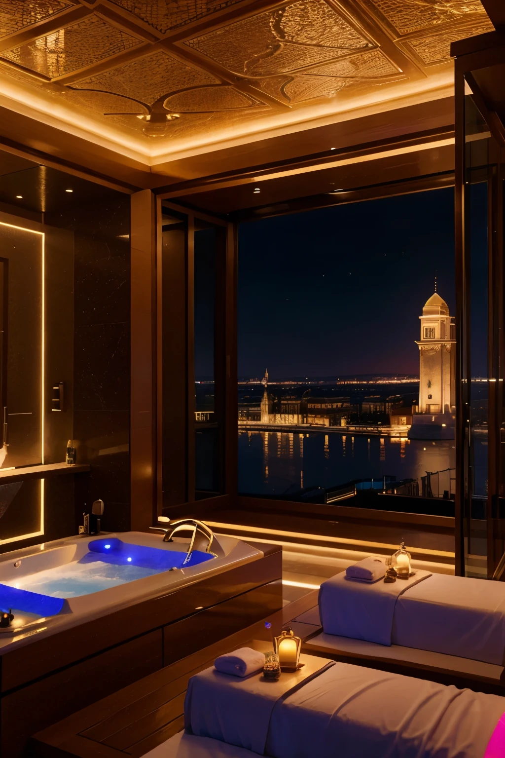 Luxury spas in Budapest, Sophisticated Environment, Cinnamatographic, Large Scale, neon, Decorative Light, 8k
