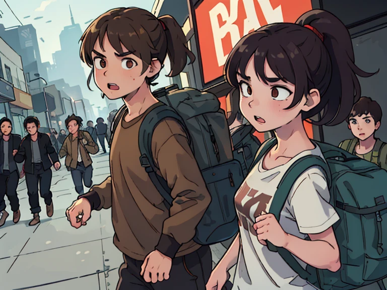 Poster design, (sfw), Multiple characters, two running teenagers (absolutely identical, twins) boy and girl, Brother and sister, round beautiful face, Brown eyes, semi-long very tousled brown tousled hair tied in a ponytail, swamp T-shirt, military style trousers with patch pockets, chunky special forces boots, Backpack on the back, large angry zombies in the background are running after them, fleeing together from the crowd, excitement, voltage, Dynamic scene, perfect quality, Clear Focus, Colorful, perfect face, complex parts, ultra-low viewing angle, wide angle lens