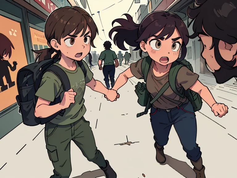 Poster design, (sfw), Multiple characters, two running teenagers (absolutely identical, twins) boy and girl, Brother and sister, round beautiful face, Brown eyes, semi-long very tousled brown tousled hair tied in a ponytail, swamp T-shirt, military style trousers with patch pockets, chunky special forces boots, Backpack on the back, large angry zombies in the background are running after them, fleeing together from the crowd, excitement, voltage, Dynamic scene, perfect quality, Clear Focus, Colorful, perfect face, complex parts, ultra-low viewing angle, wide angle lens