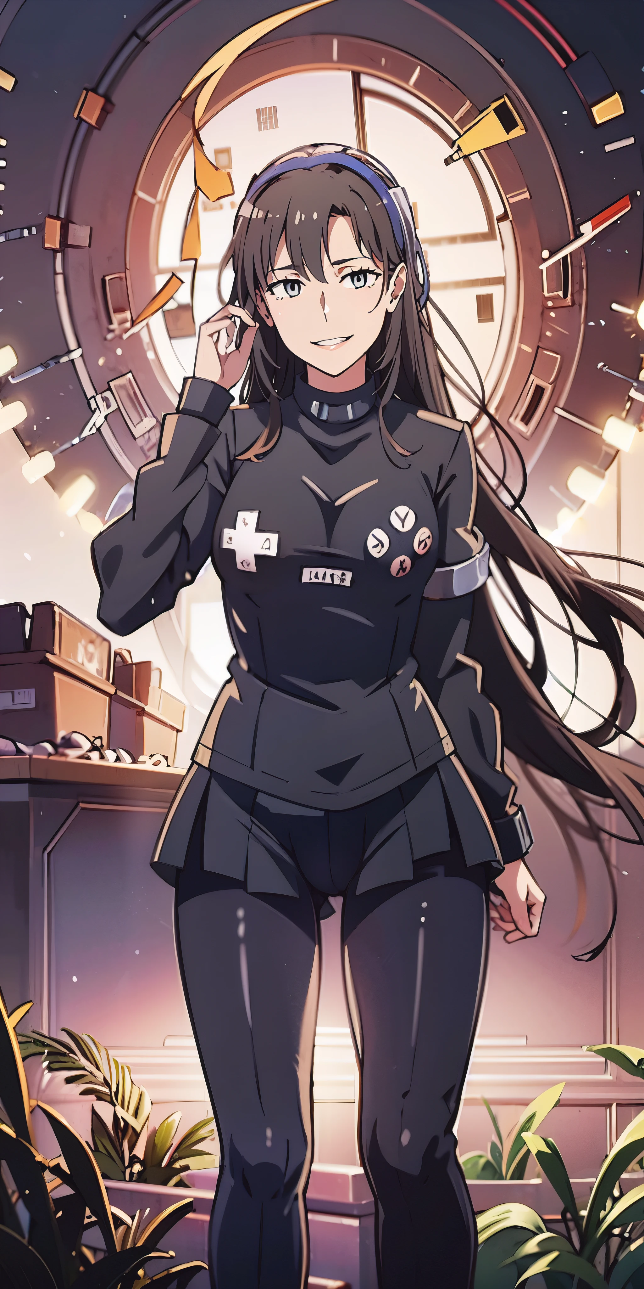 anatomically correct, best quality, masterpiece, high quality, high details, highres, HD, (shaded face:1.2), hollow eyes, red eyes, looking at viewer, heavy breathing, smirk, upper teeth, black hair, long hair, game controller print, black shirt, black sweater, sweating, wet, a drawing of a woman with headphones on, by Shitao, pixiv contest winner, digital art, white uniform, fully clothed. painting of sexy, anime girl with long hair, 4k high res