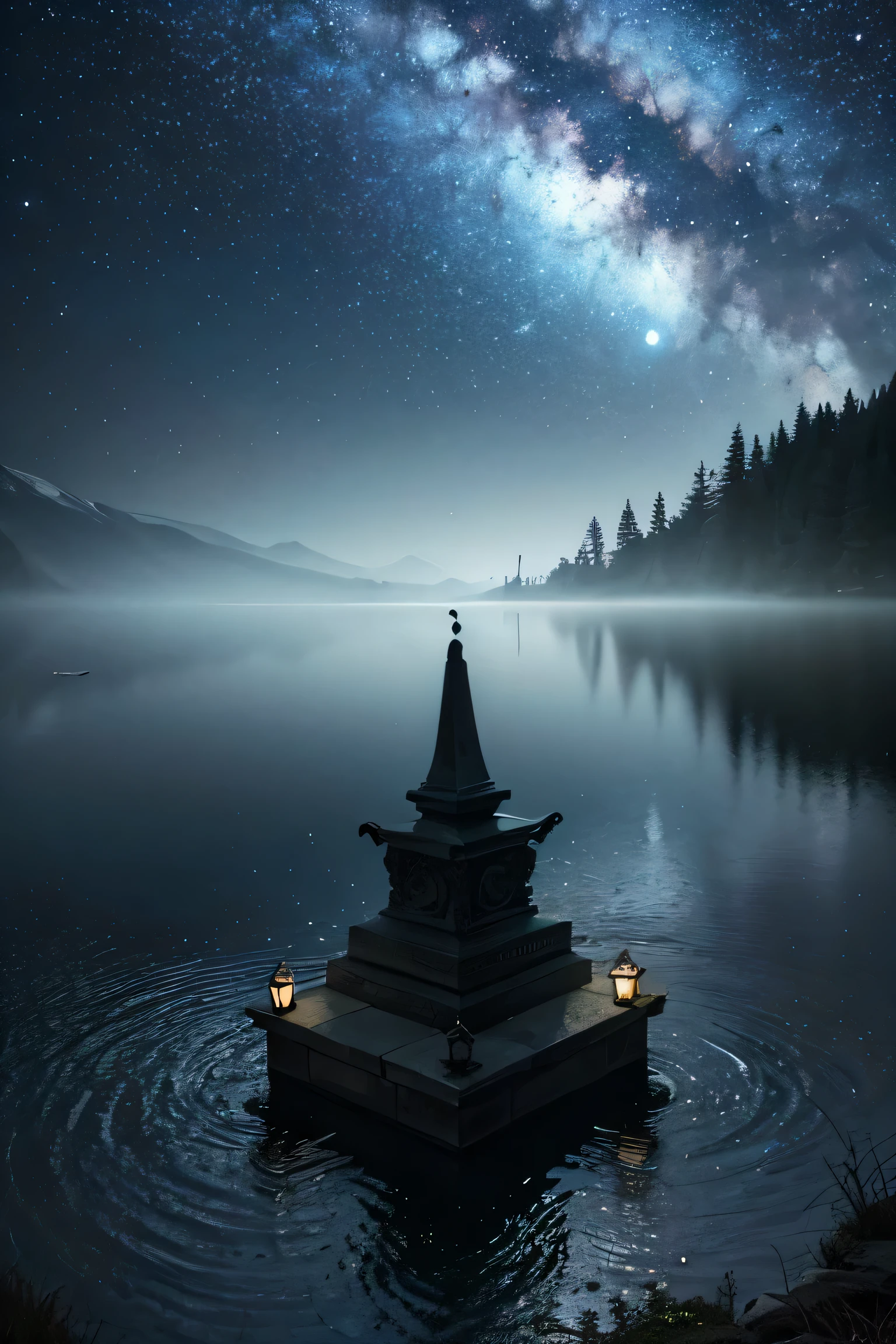 Create a dark and gothic image of a lake at night. In the center of the lake, there is a prominent, solitary tombstone. The tombstone should be ancient and detailed, with engraved inscriptions and gothic decorations. The moonlight reflects on the water, creating a beautiful and mysterious effect. Despite the macabre setting, the colors should be lovely and captivating. The atmosphere is melancholic and serene, with a starry night sky and deep shadows around the lake. The style should be gothic with an aesthetic touch, highlighting the beauty in the darkness and focusing on the tombstone as the central element