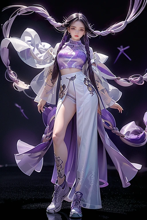 highest quality, Very detailed, masterpiece,Joint work,Two women posing,(((Perfect female body))),Very beautiful face, Very beautiful body,Gentle expression, Very beautiful eyes,(Perfect Makeup:1.1),Fashion Model,Cyberpunk Fashion,Curly Hair,Shaggy Hair, (Floating in the wind,White and purple gradient very long braids: 1.5),Pink and blue gradient:1.3, very thin body,Smart Abs,(Monogram pattern:1.3),Tech See-Through Battle Suit,Monogram patternロングレングススカート,anklet,Tech High Top Sneakers,A kind smile,Full body portrait,(Night in Cyber City), (Shiny skin),(Earrings),Long scarf with elegant pattern,Neon long shawl,Digital Feather,